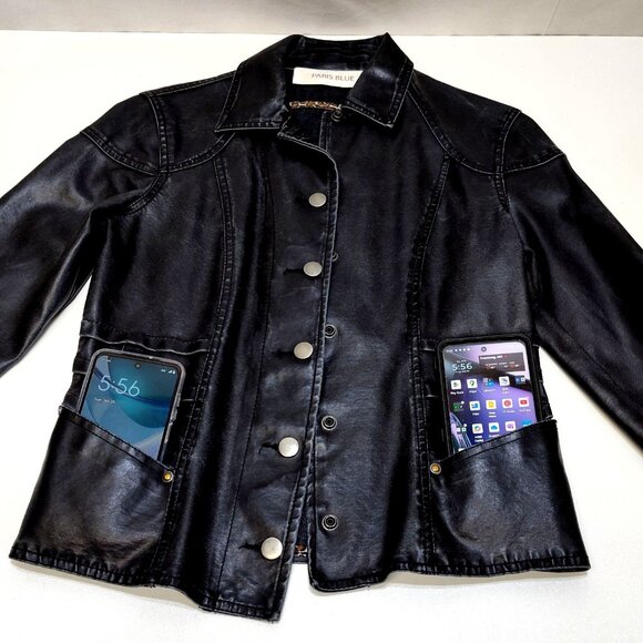 Paris Blue Faux Leather Jacket Small (3-5) Snap Buttons Leopard Trim Detail VGC - Picture 7 of 14